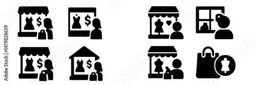 Set of web icons depicting shopping and fashion activities in various retail environments