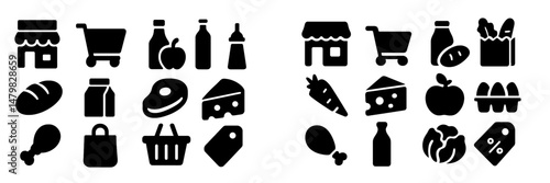 Collection of web icons representing grocery items and shopping essentials for digital design projects