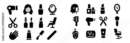 Set of black and white web icons representing beauty and hair care tools and products for digital design