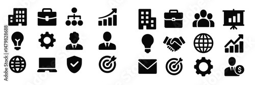 Set of diverse web icons depicting business and technology themes for digital communication and workflow enhancement