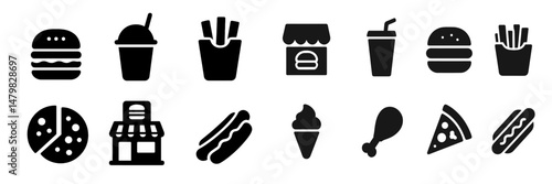 Collection of simplistic black web icons representing popular fast food items and beverages