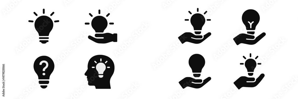 Unique set of web icons featuring light bulbs and hands designed for digital applications and online platforms Unique set of web icons featuring light bulbs and hands designed for digital applications and online platforms
