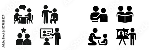 Set of black web icons representing various social interactions and activities in a modern digital context