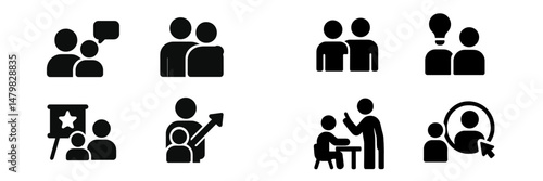 Collection of web icons representing communication, teamwork, and interaction in various settings