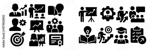 Set of web icons representing business and education activities, including presentations and teamwork, ideal for digital projects