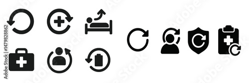 Collection of web icons illustrating health, recovery, and support concepts in a minimalist design