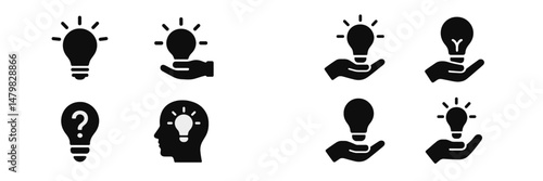 Unique set of web icons featuring light bulbs and hands designed for digital applications and online platforms