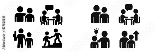 Set of black web icons representing various social interactions and discussions among people in simple designs