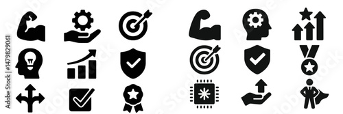 Collection of web icons representing productivity, strategy, and growth in various formats