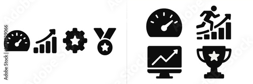 Collection of web icons depicting performance metrics, tools, and achievements for digital applications