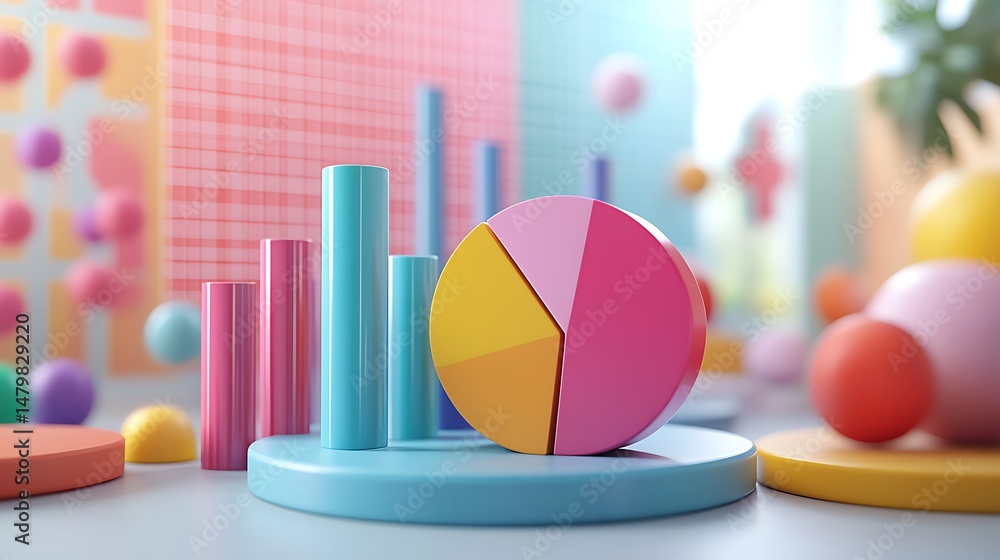 Fototapeta premium Colorful 3D Pie Chart and Bar Graph in Abstract Setting