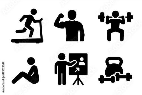 Set of simple web icons representing various fitness activities and exercises for health and training purposes