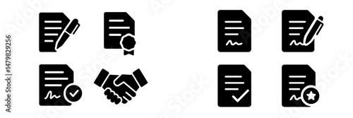 Collection of web icons representing documentation, agreement, and validation for online use in various digital applications