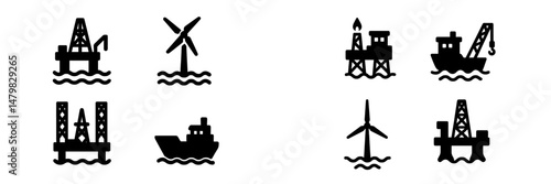 Collection of web icons featuring energy sources and marine vessels in a simple and clear design
