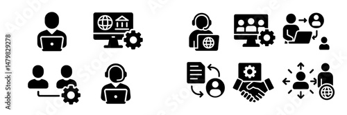 Collection of web icons representing online communication, technical support, and user interaction for various digital platforms