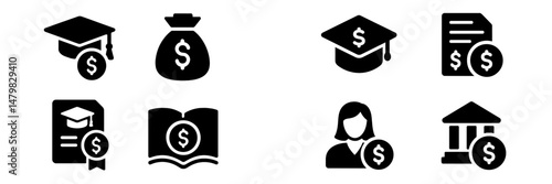 Collection of web icons depicting financial aid, education, and scholarship concepts for digital platforms