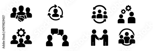 Set of web icons representing teamwork, communication, and collaboration in a modern design style