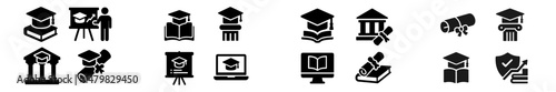 Set of web icons representing education themes, including graduation, learning, and academic achievements