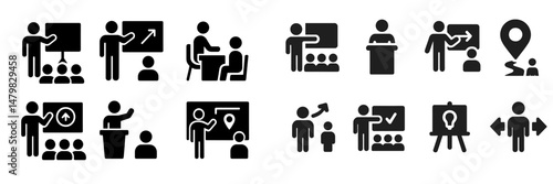 Collection of web icons representing various professional activities and presentations in a modern workspace