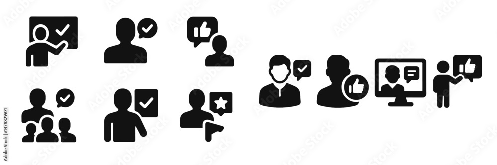 Collection of black web icons representing user interaction, communication, and feedback mechanisms for design projects Collection of black web icons representing user interaction, communication, and feedback mechanisms for design projects
