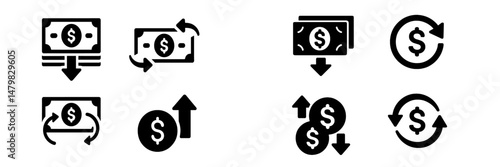 Set of web icons representing financial transactions in various formats for digital platforms and applications