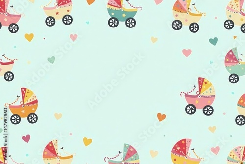 Cute whimsical stroller pattern, pastel colors, carriage, decor, seamless
