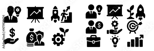 Set of web icons depicting business concepts, growth strategies, and financial activities for digital platforms and applications