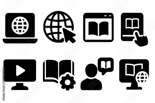 Set of web icons representing various online activities and resources for digital navigation and learning