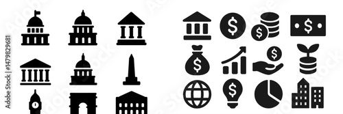 Set of black and white web icons representing finance, government buildings, and global symbols for digital projects