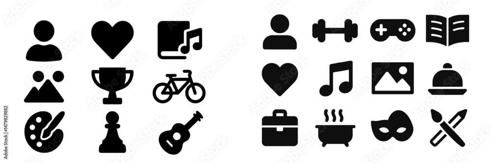 Collection of web icons representing diverse activities, hobbies, and interests for digital interface design Collection of web icons representing diverse activities, hobbies, and interests for digital interface design