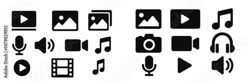 Collection of web icons representing multimedia functions including audio, video, and image formats for digital applications