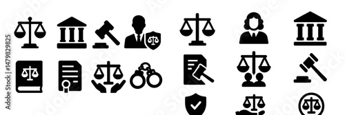 Web icons representing various legal symbols including scales, gavel, and courthouse depiction ideal for legal and law applications