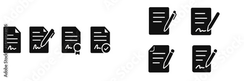 Set of web icons representing documents, signatures, certificates, and writing tools for digital communication and document management