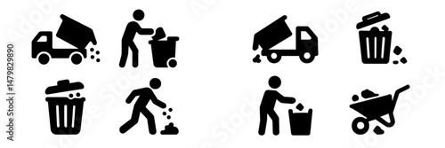 Collection of web icons representing waste disposal and management activities for recycling and cleaning