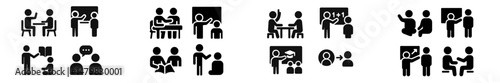 Collection of web icons illustrating various collaborative activities and communication styles among individuals in professional settings