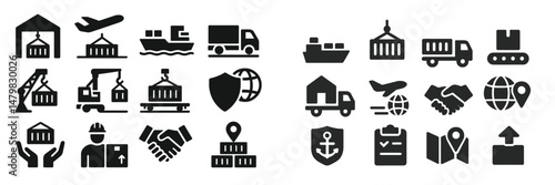 Collection of web icons representing logistics, transportation, and shipping activities in a digital format