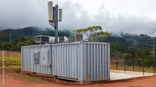 Telecommunication tower base station equipment shelter outdoors with cloudy mountain view