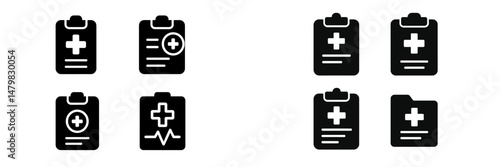 Set of medical web icons representing patient files, health records, and medical documentation tools