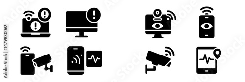 Set of web icons representing digital security and monitoring systems with alerts for devices and surveillance