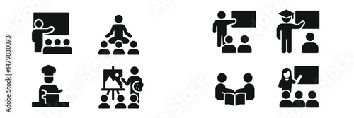 Collection of various simple web icons representing education, teaching, and learning activities in a minimalistic style