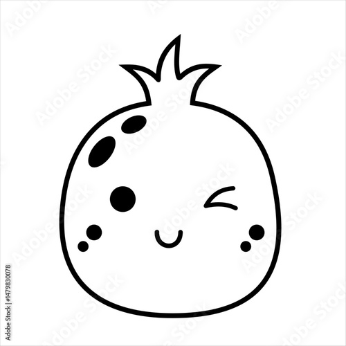 Black and white groovy garnet doodle, cartoon fruit character. Adorable hand drawn vector illustration in flat style
