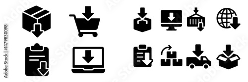 Collection of download and shopping related web icons for user interface design and digital applications