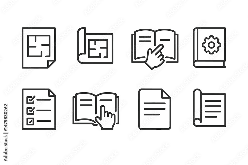 Set of eight minimalistic web icons representing planning, reading, and documentation activities for digital and print use Set of eight minimalistic web icons representing planning, reading, and documentation activities for digital and print use