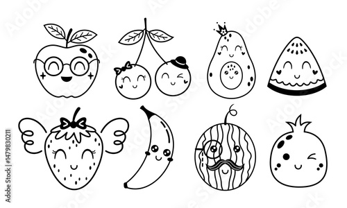 Black and white groovy fruits and berries clipart set, cartoon summer characters. Adorable hand drawn vector illustration in flat style