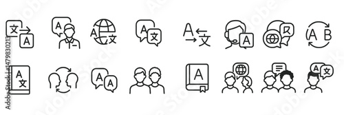 Collection of minimalistic web icons showcasing language translation, communication, and collaboration concepts for digital platforms