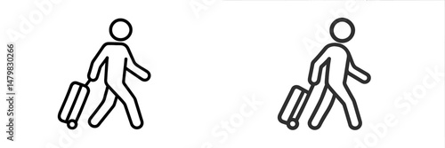 Set of travel web icons representing a person walking with luggage in a minimalistic design style for various digital applications