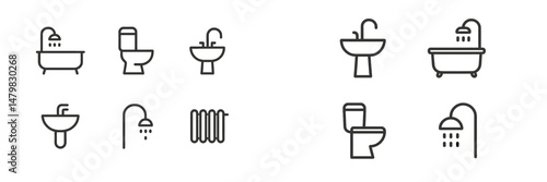Collection of simple and clear web icons representing bathroom fixtures and accessories including bathtubs, sinks, and toilets