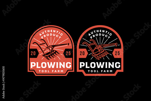 manual plow farming tool retro badge logo vector design set for farmer, agricultural, ecology, harvest, environment. traditional plough equipment vintage emblem element design graphic collections