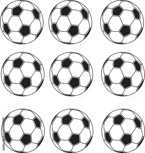 Six Black and White Soccer Balls Arranged in there Rows
