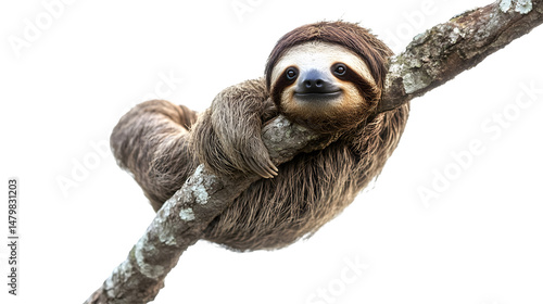 Cute Sloth Hanging on Tree Branch Isolated on White Background